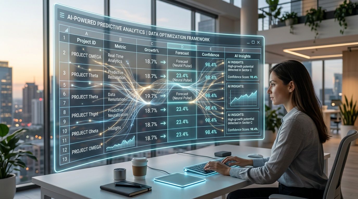 Una professionista lavora con un'interfaccia olografica avanzata che visualizza dati di analisi predittiva in un ufficio moderno.
