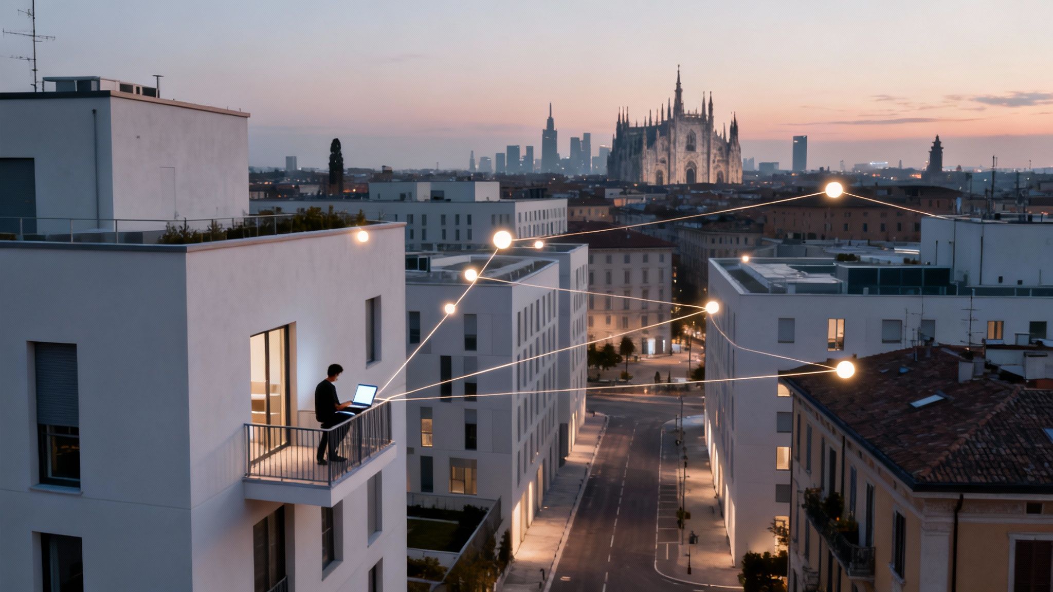 Uomo su balcone con laptop, skyline di Milano e rete di connessioni digitali al tramonto.