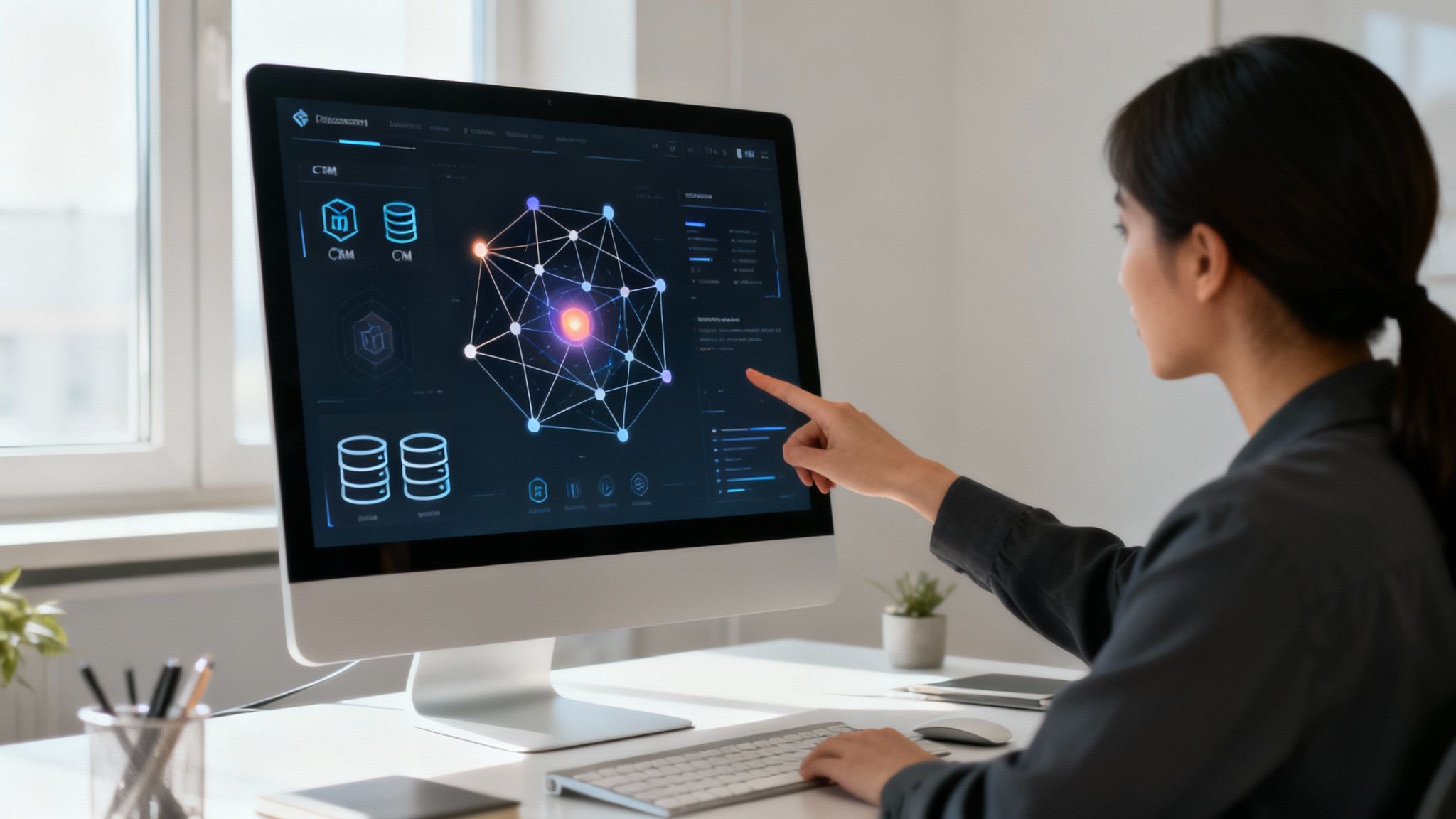 Donna che interagisce con un computer, puntando a una complessa visualizzazione di dati su schermo. Ambiente ufficio moderno.