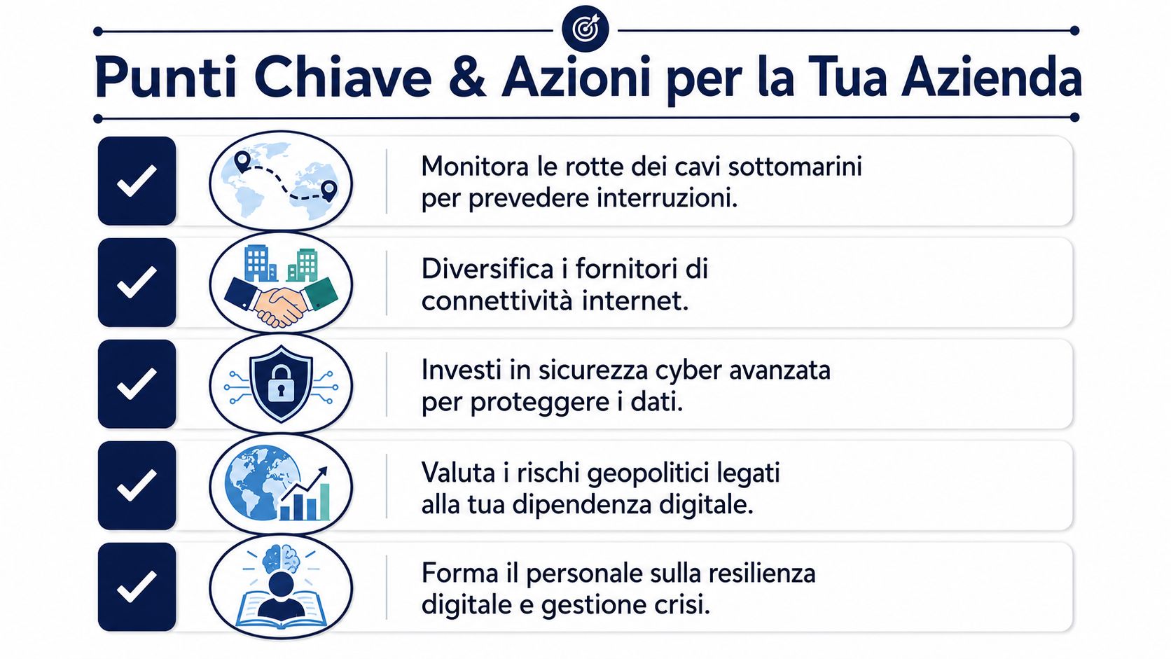 Infografica con cinque suggerimenti strategici per migliorare la resilienza digitale e la sicurezza aziendale.