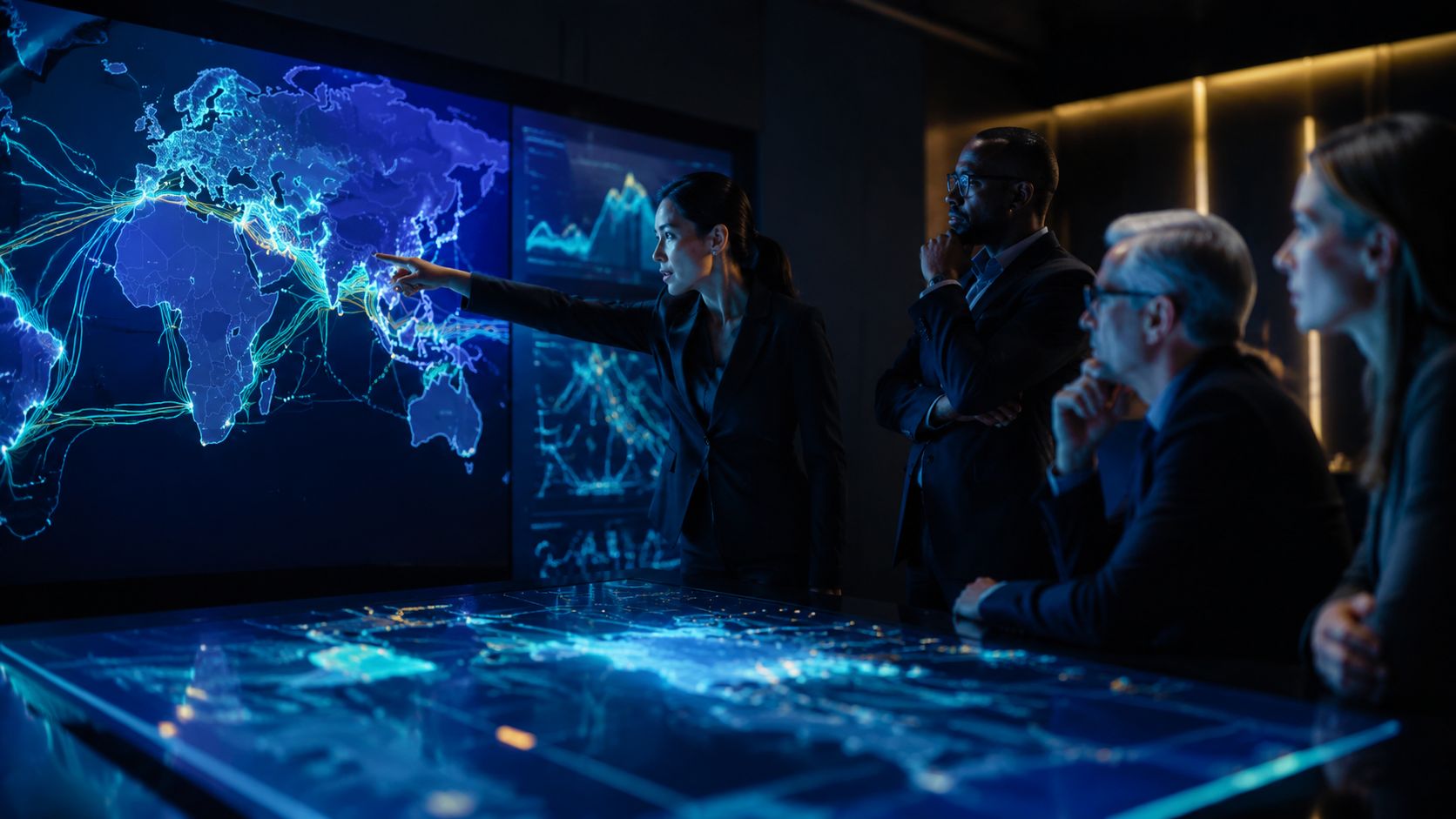 Un team di professionisti analizza dati globali su cavi sottomarini internet tramite schermi digitali interattivi in ufficio.