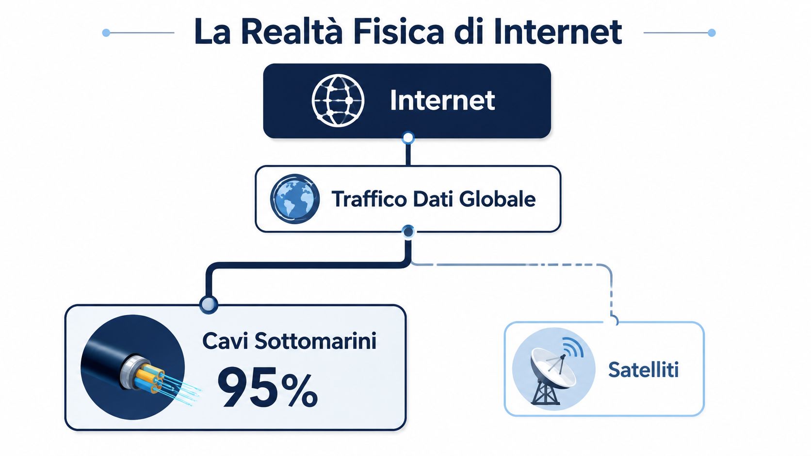 Un infografica che spiega che il 95% del traffico internet globale passa attraverso cavi sottomarini, non satelliti.