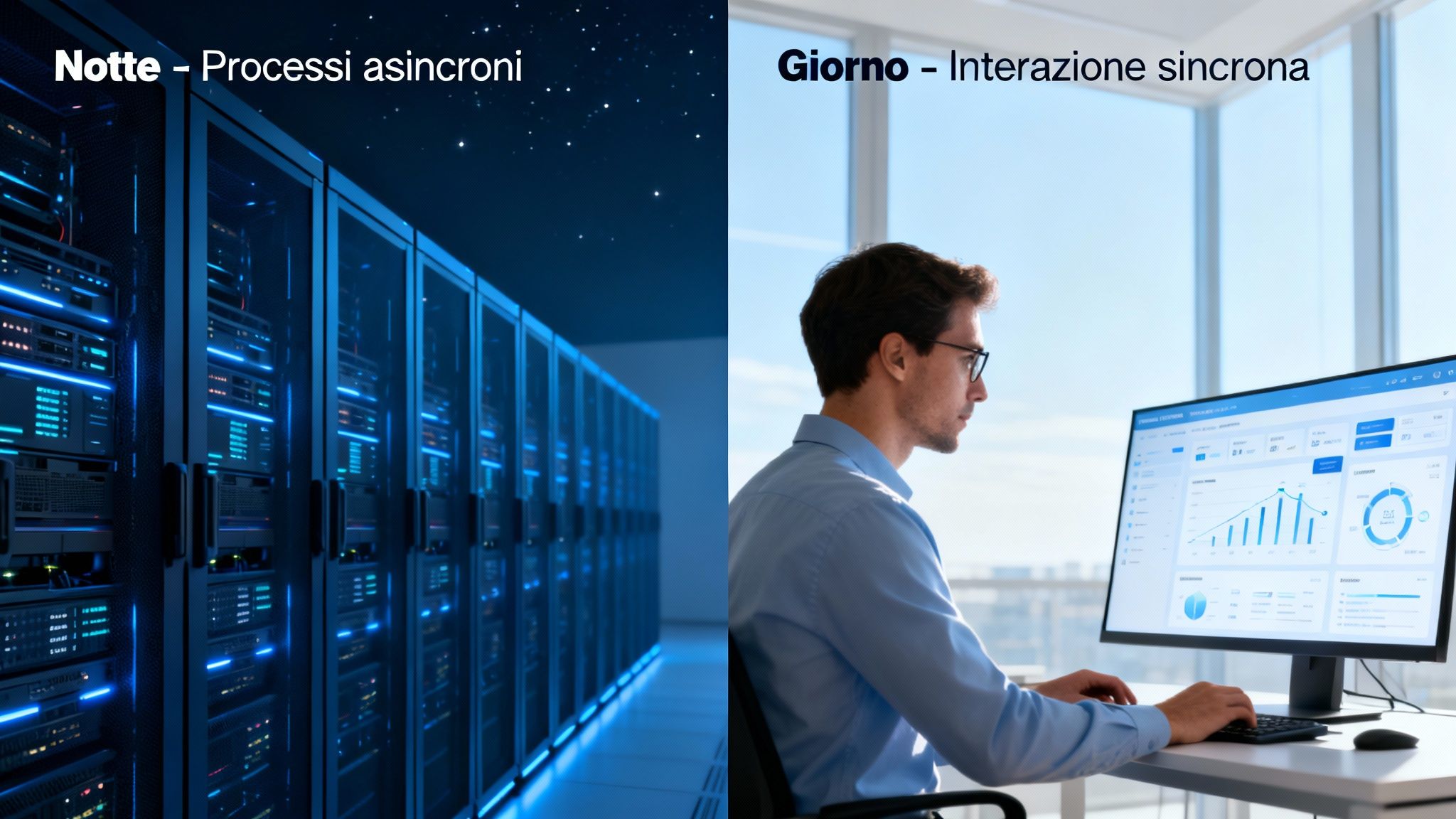 Un'immagine divisa tra una server room notturna e un uomo che lavora al computer di giorno, illustrando processi asincroni e interazione sincrona.
