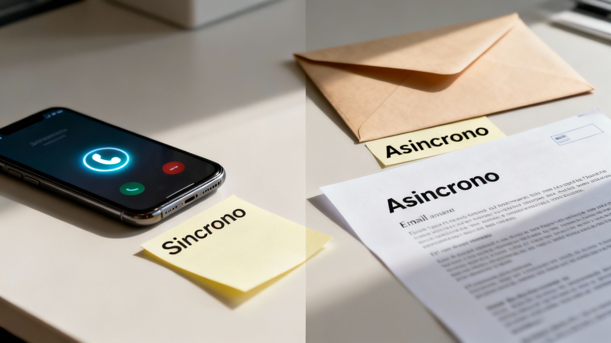 Immagine che illustra la comunicazione sincrona (telefonata) e asincrona (e-mail, lettera).