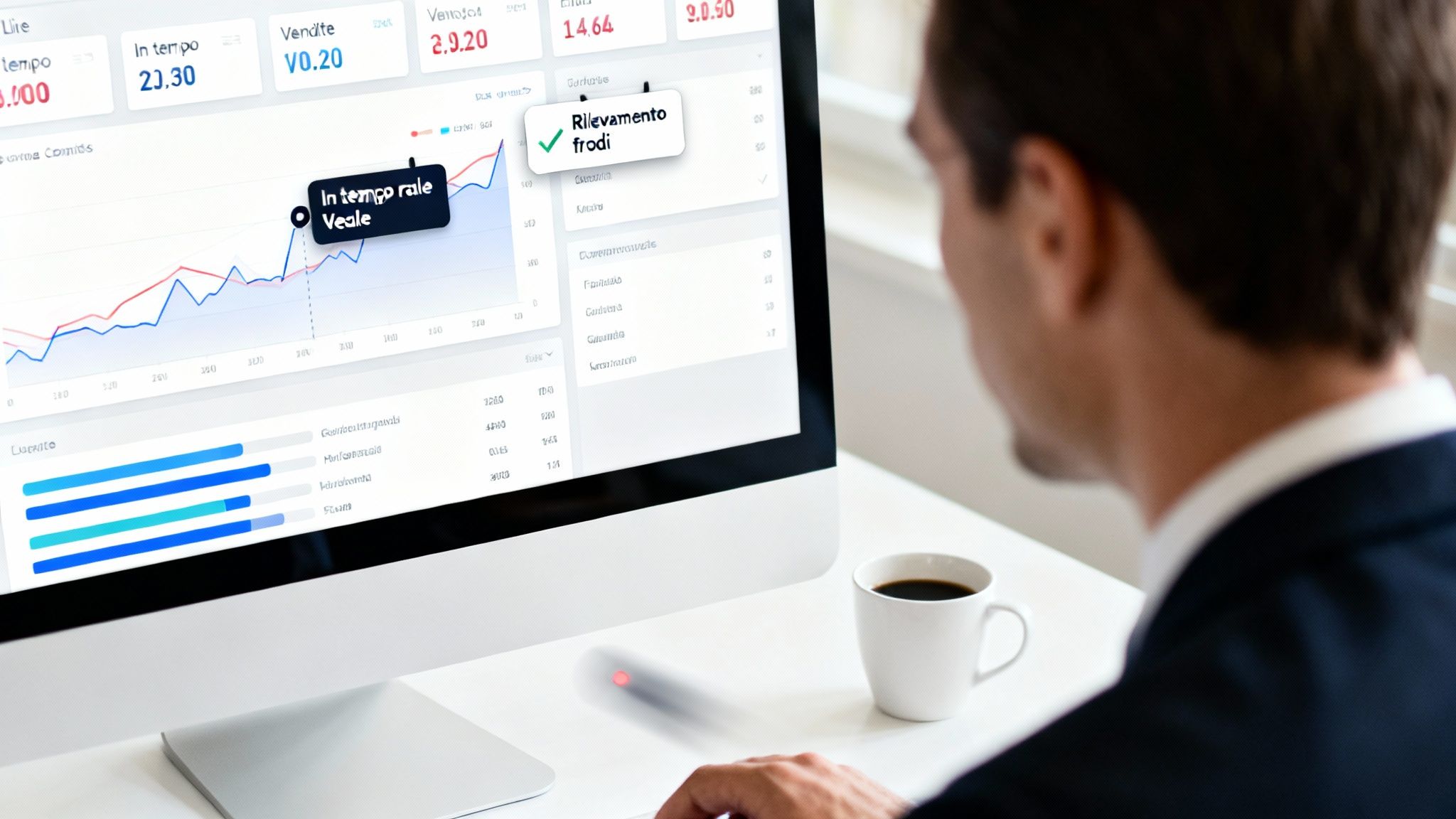 Uomo d'affari visualizza dashboard sul monitor con dati, grafici e notifica di rilevamento frodi, con tazza di caffè.