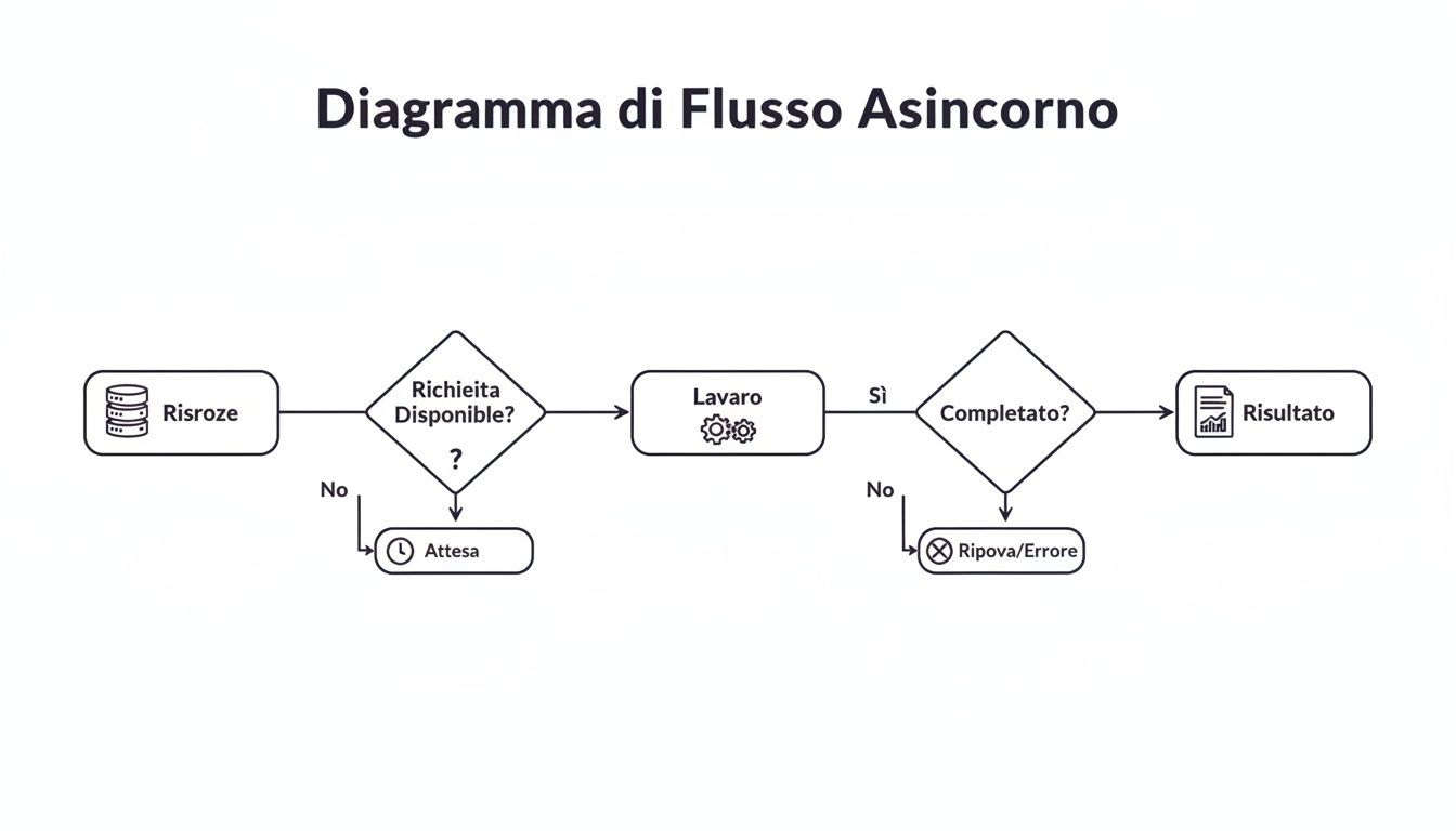 Diagramma di flusso asincrono che illustra un processo con gestione delle risorse, attesa, lavoro e gestione degli errori.