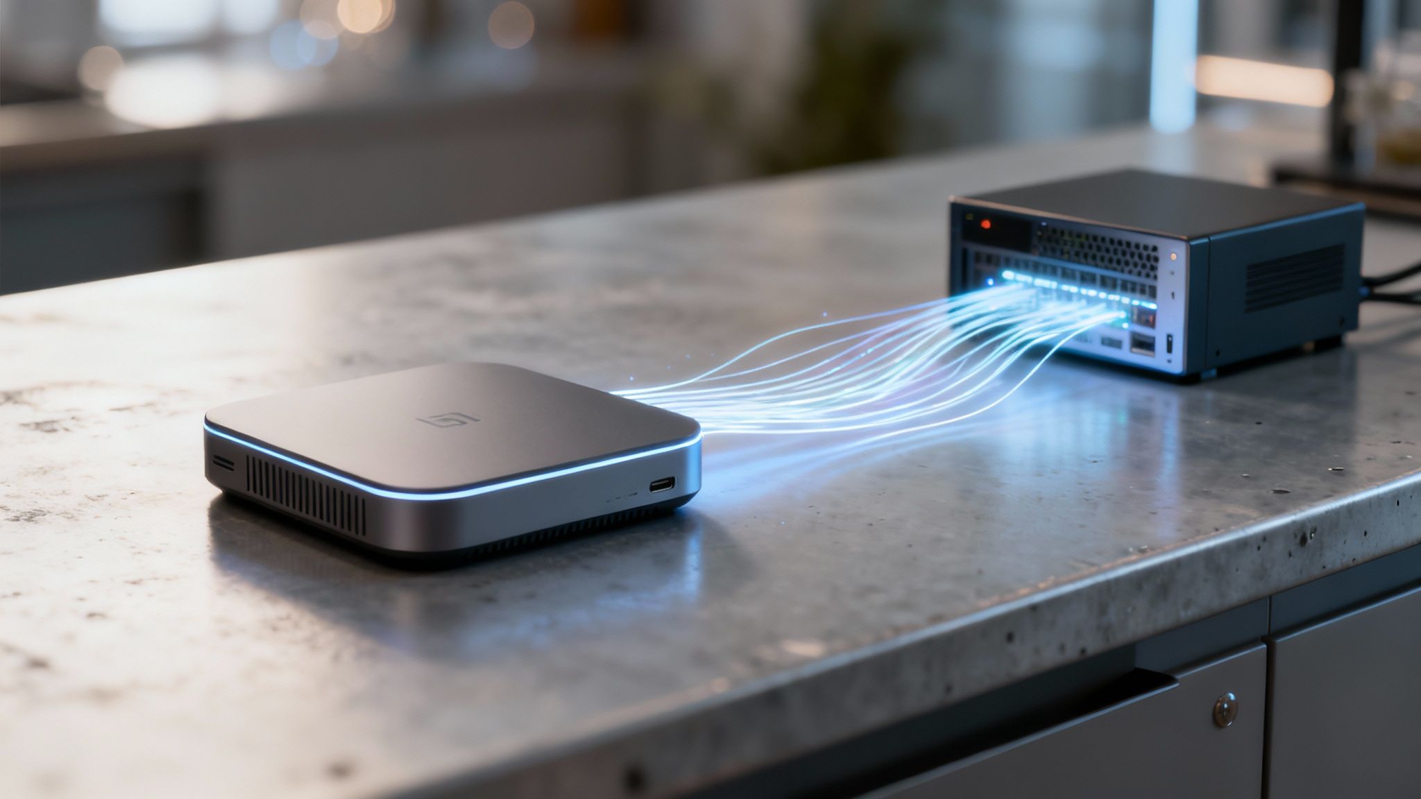 Due moderni dispositivi tecnologici connessi da flussi di luce blu su un bancone di cucina.