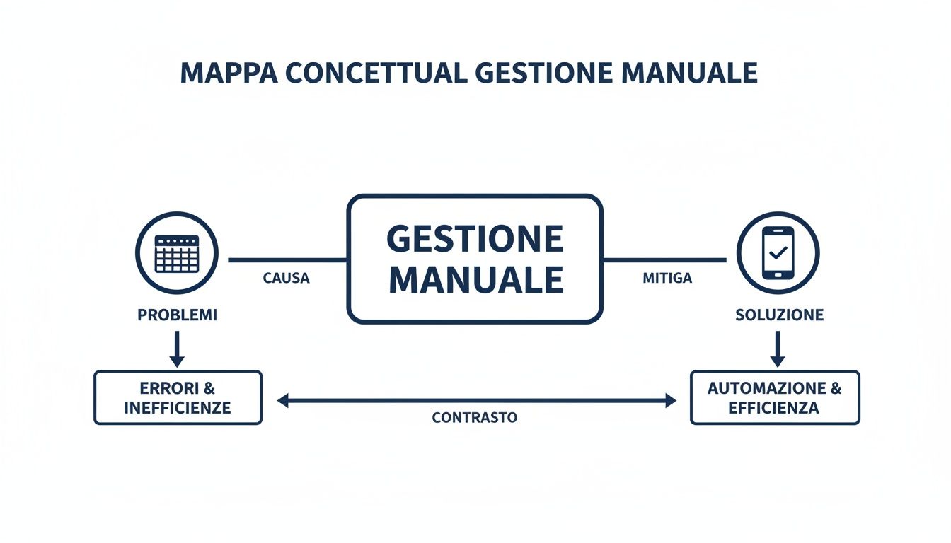 Mappa concettuale che descrive la gestione manuale, evidenziando problemi (errori, inefficienze) e soluzioni (automazione, efficienza).