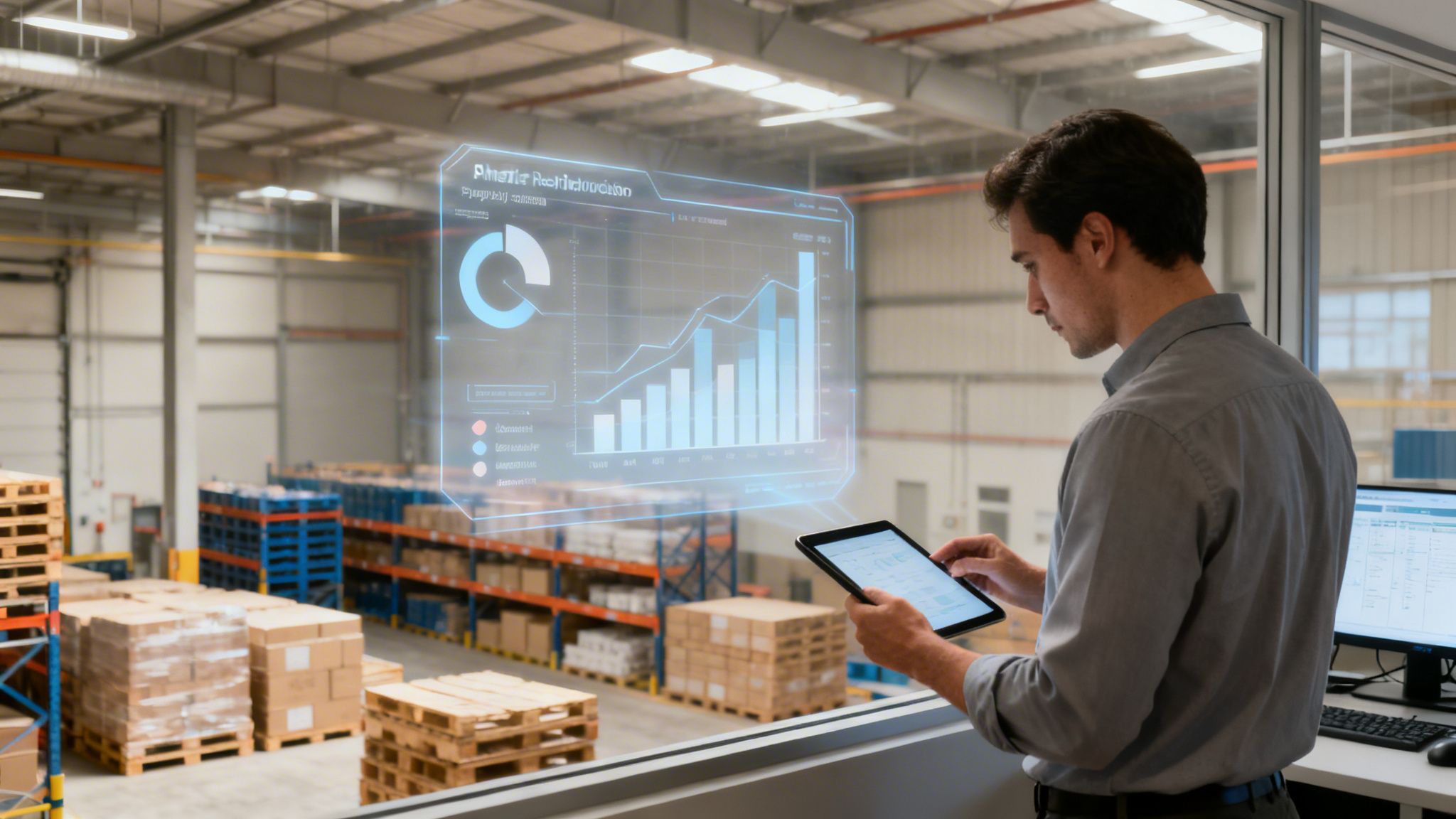 Lavoratore in un magazzino moderno analizza statistiche su tablet con interfaccia olografica.