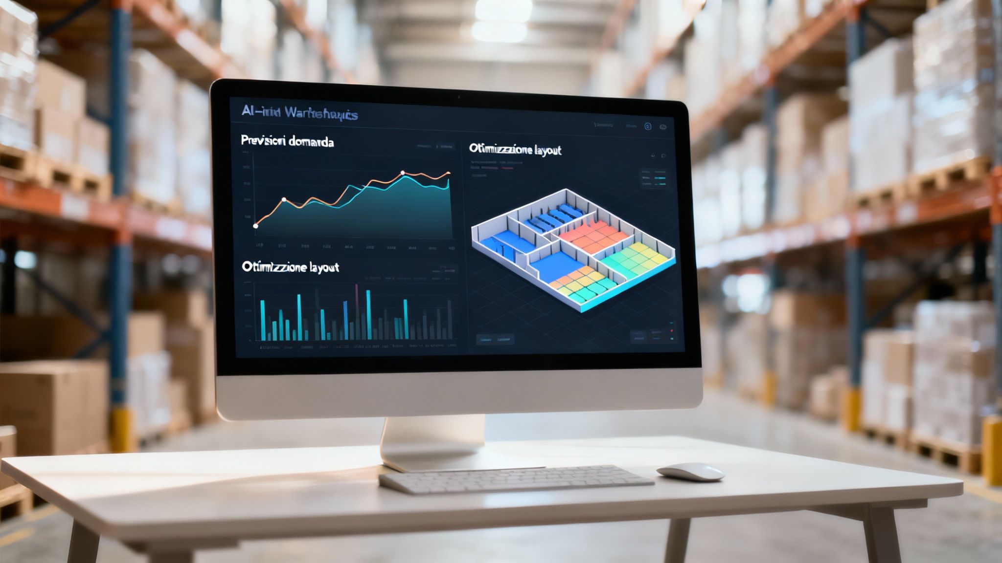 Schermo di computer in magazzino mostra dashboard AI per previsioni domanda e ottimizzazione layout.