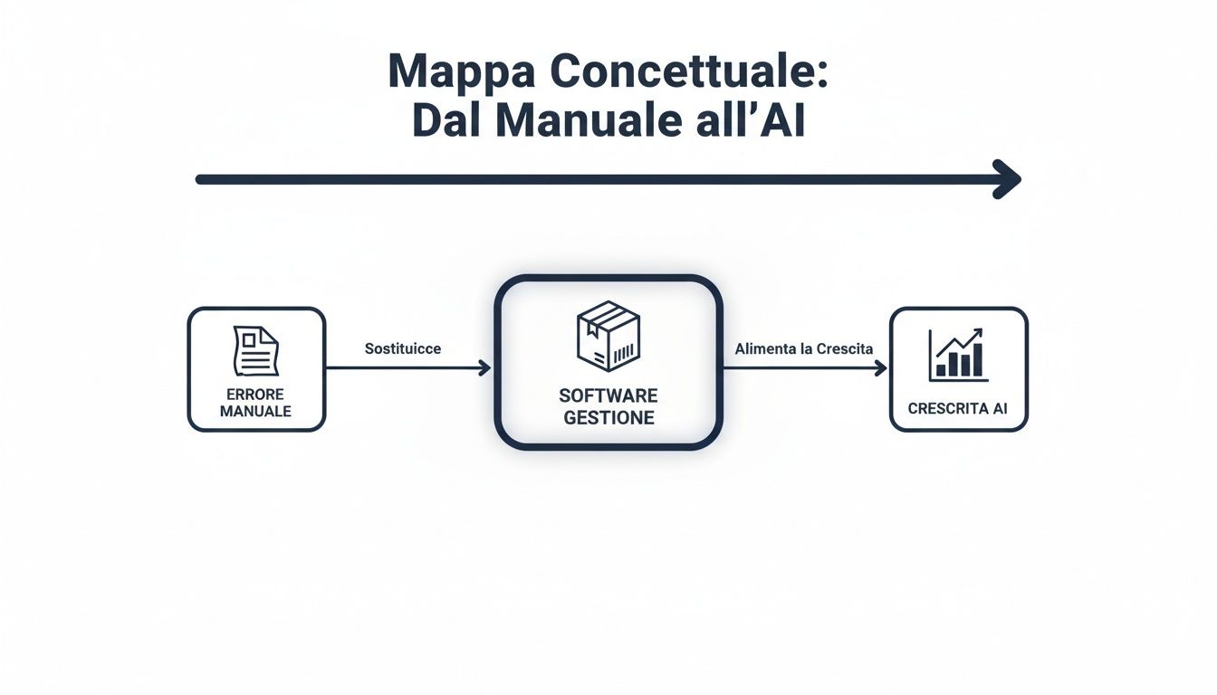 Mappa concettuale che illustra la transizione dall'errore manuale alla crescita dell'AI tramite software di gestione.