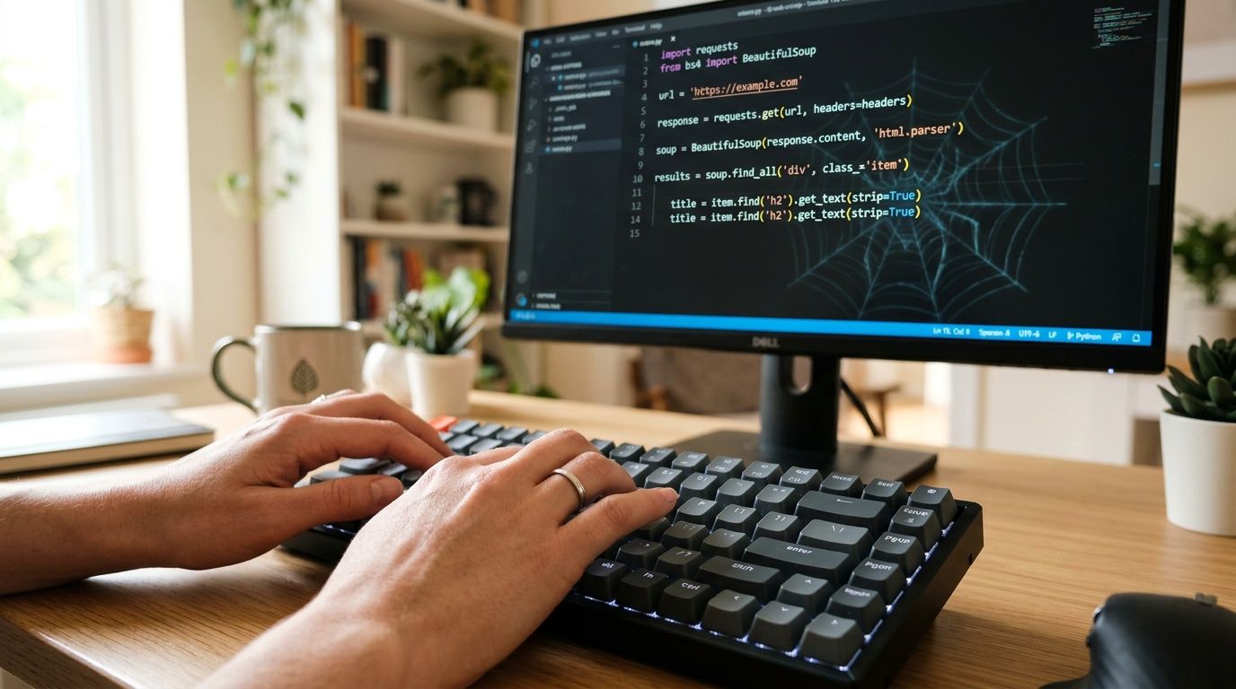 Una persona che scrive codice Python per il web scraping su un computer in un ufficio domestico luminoso.