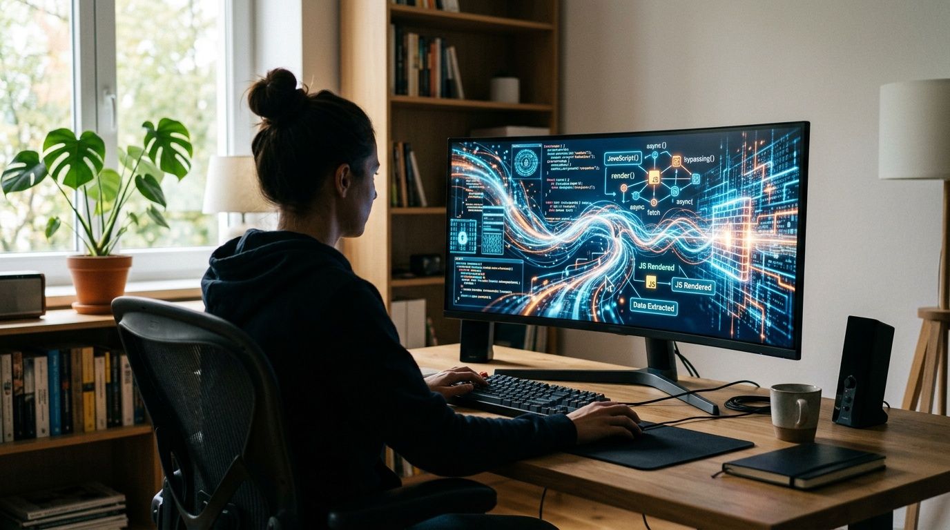 Una programmatrice lavora al computer con grafiche complesse che mostrano il processo di web scraping e rendering dati.