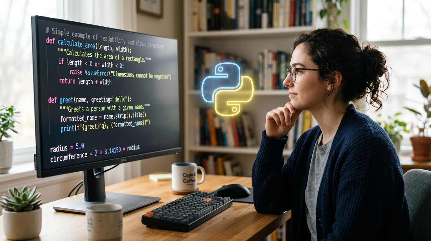 Una giovane donna con occhiali guarda lo schermo del computer che mostra codice di programmazione in linguaggio Python.