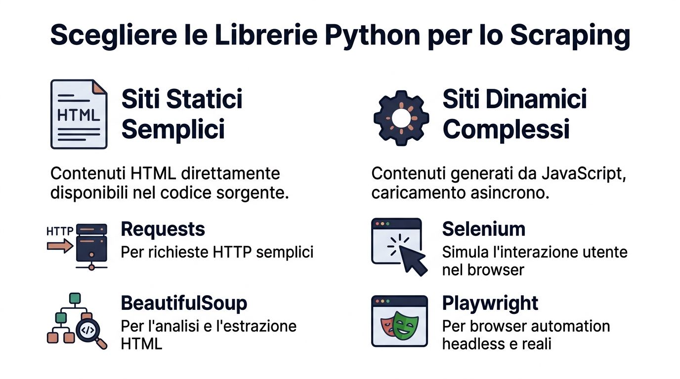 Infografica che mostra le librerie Python consigliate per lo scraping di siti web statici e dinamici.