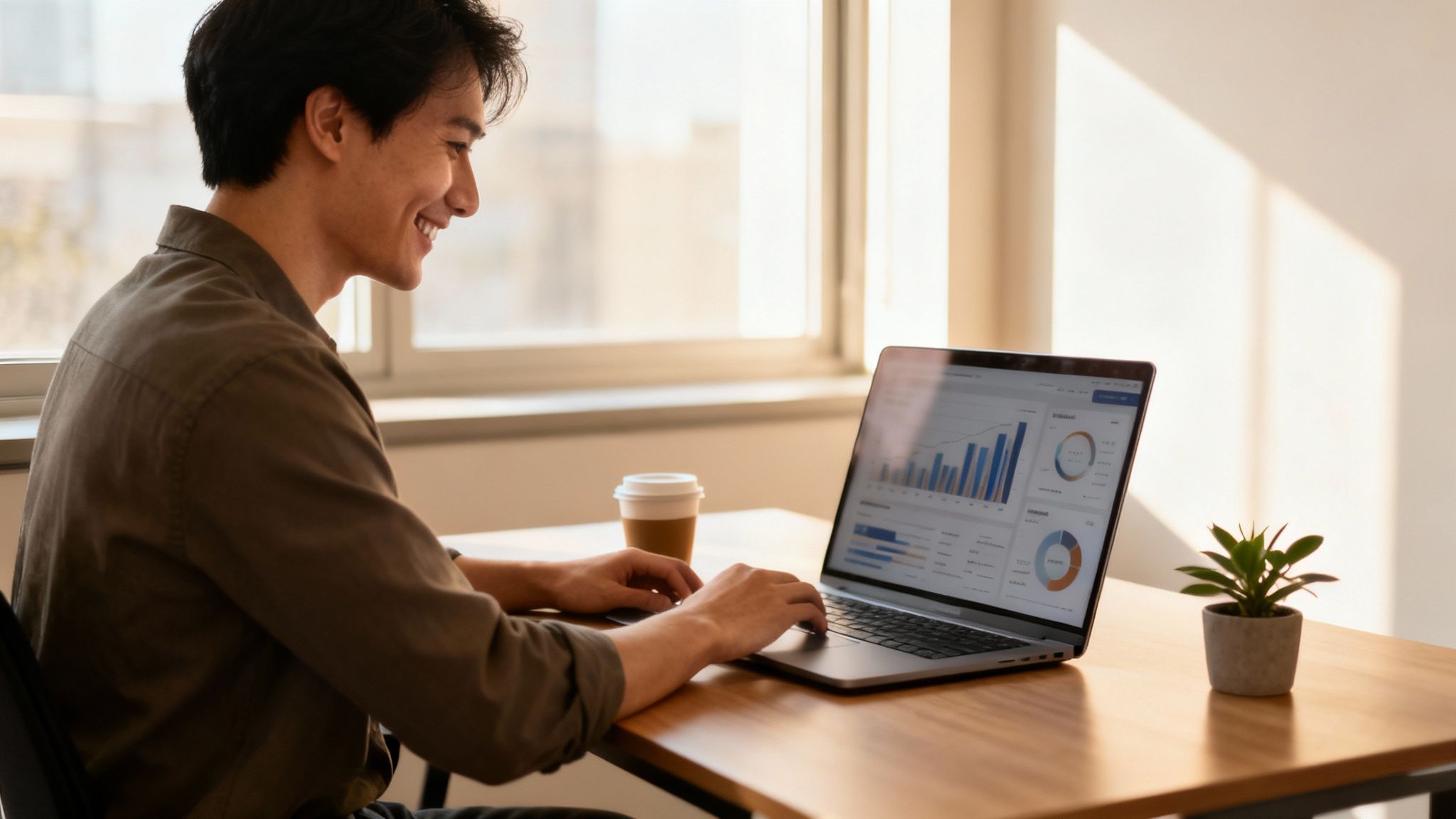 Giovane uomo asiatico sorridente che lavora al laptop con grafici e dati in un ufficio luminoso.