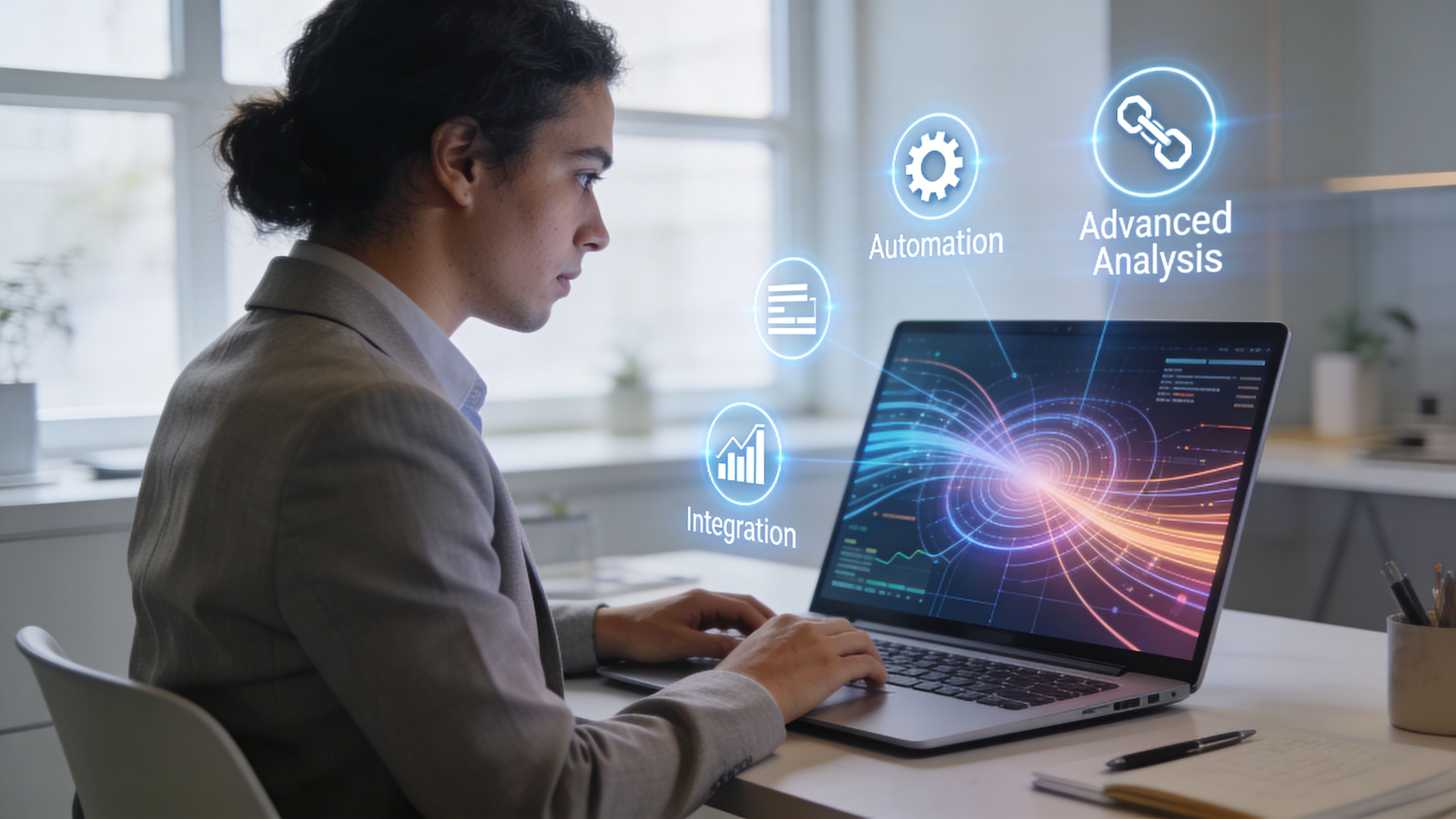Una giovane professionista lavora al computer con grafiche digitali di automazione e analisi avanzata dei dati.