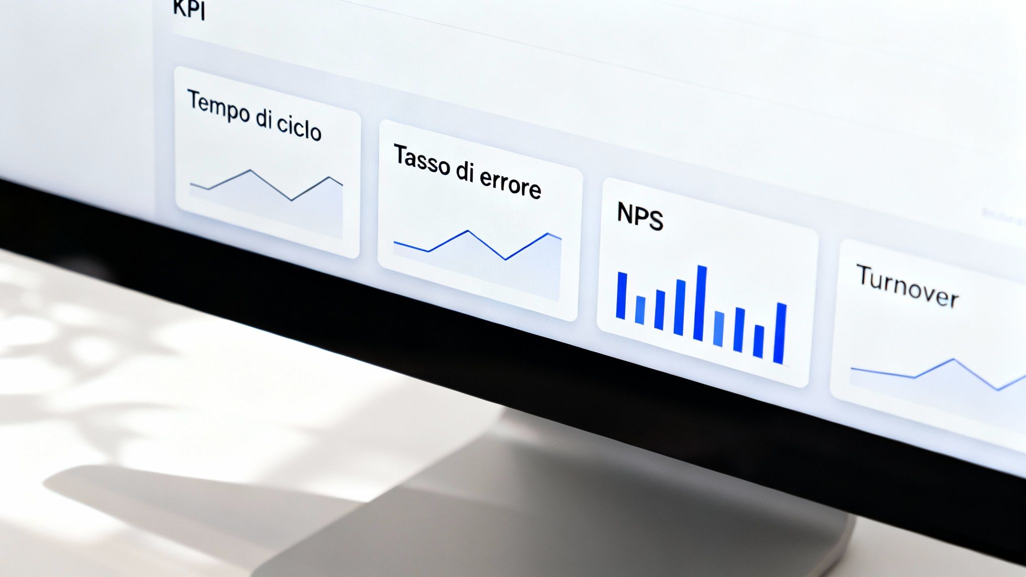 Primo piano di uno schermo computer con una dashboard che mostra KPI come tempo di ciclo, tasso di errore e NPS, per il controllo qualità.