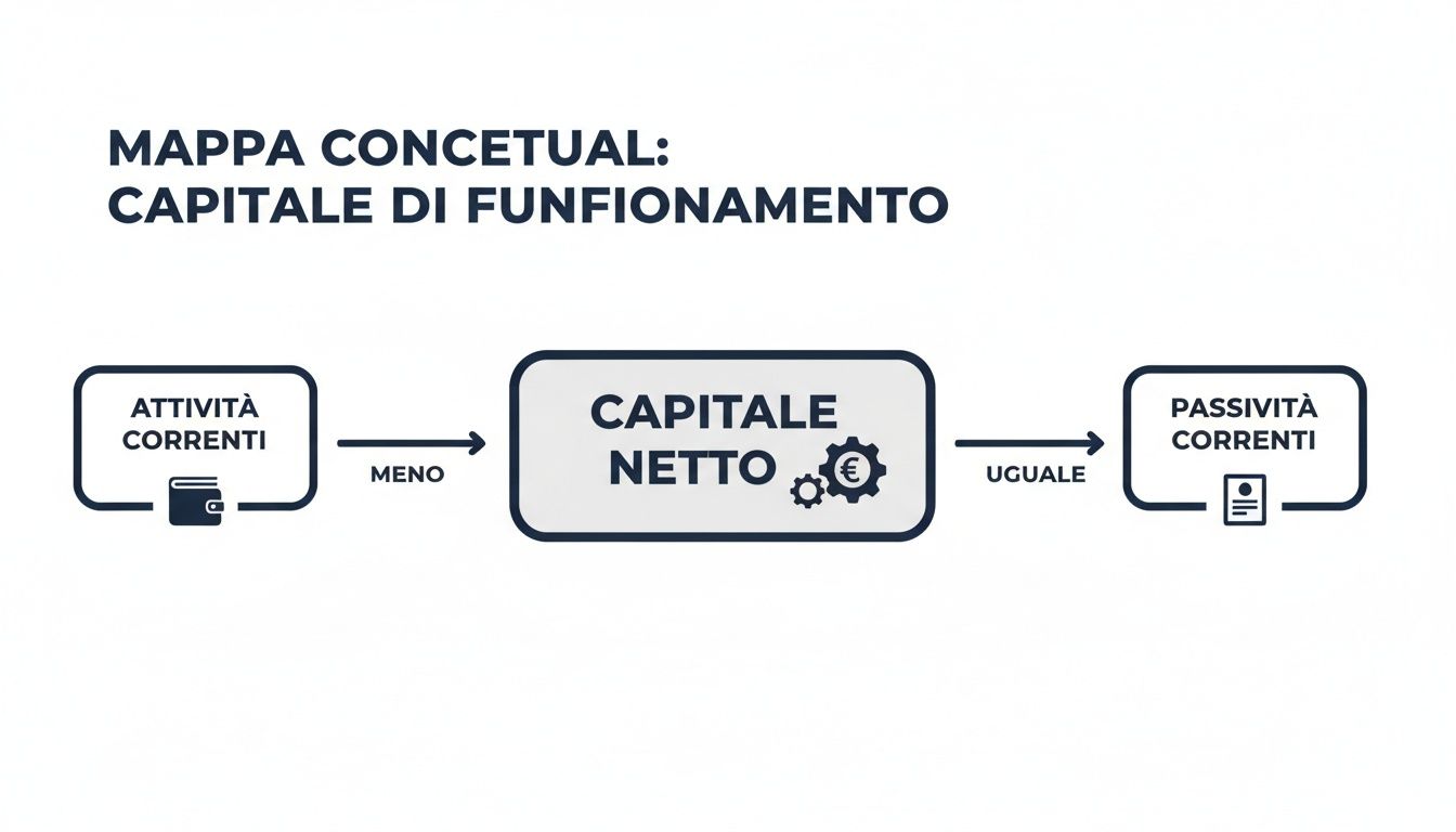 Mappa concettuale del capitale di funzionamento, illustrante il calcolo tra attività correnti, capitale netto e passività correnti.